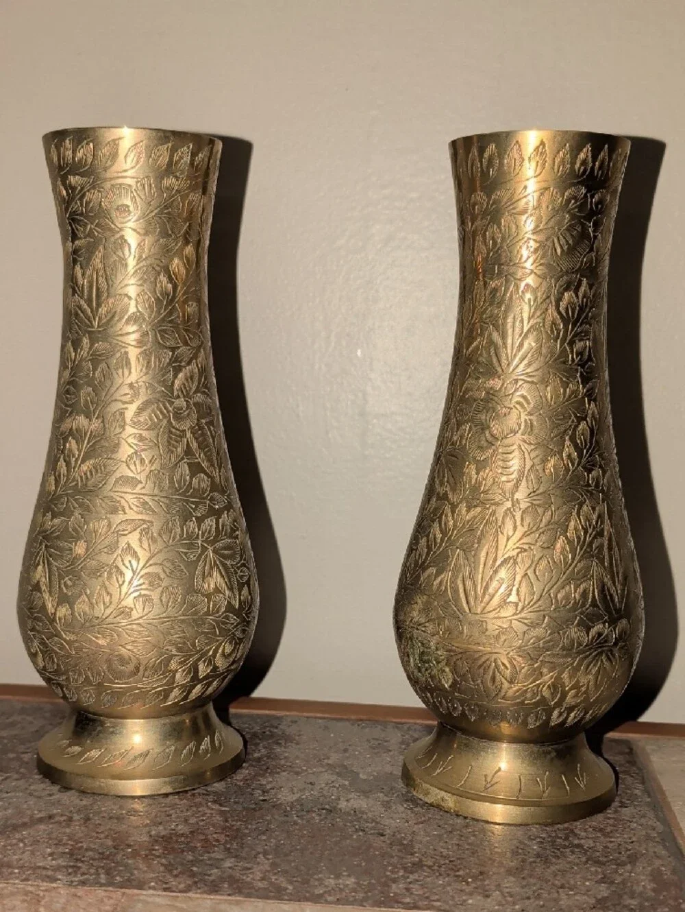 Engraved Solid Brass Floral Decorative Vase (Set of 2) Palace India 36